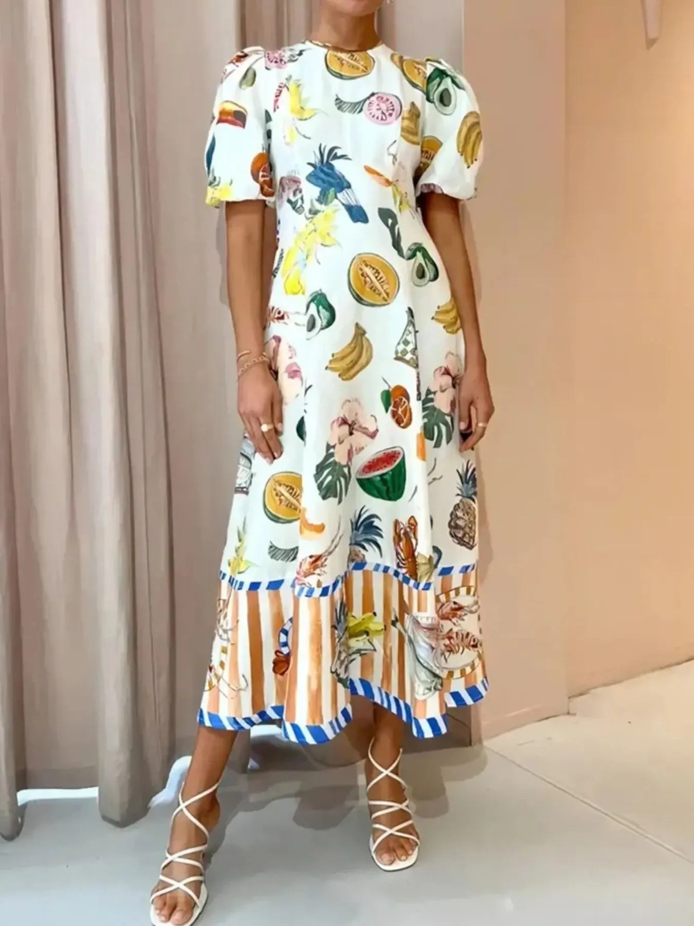 Printed Round Neck Puff Sleeve Dress by Shopiebay