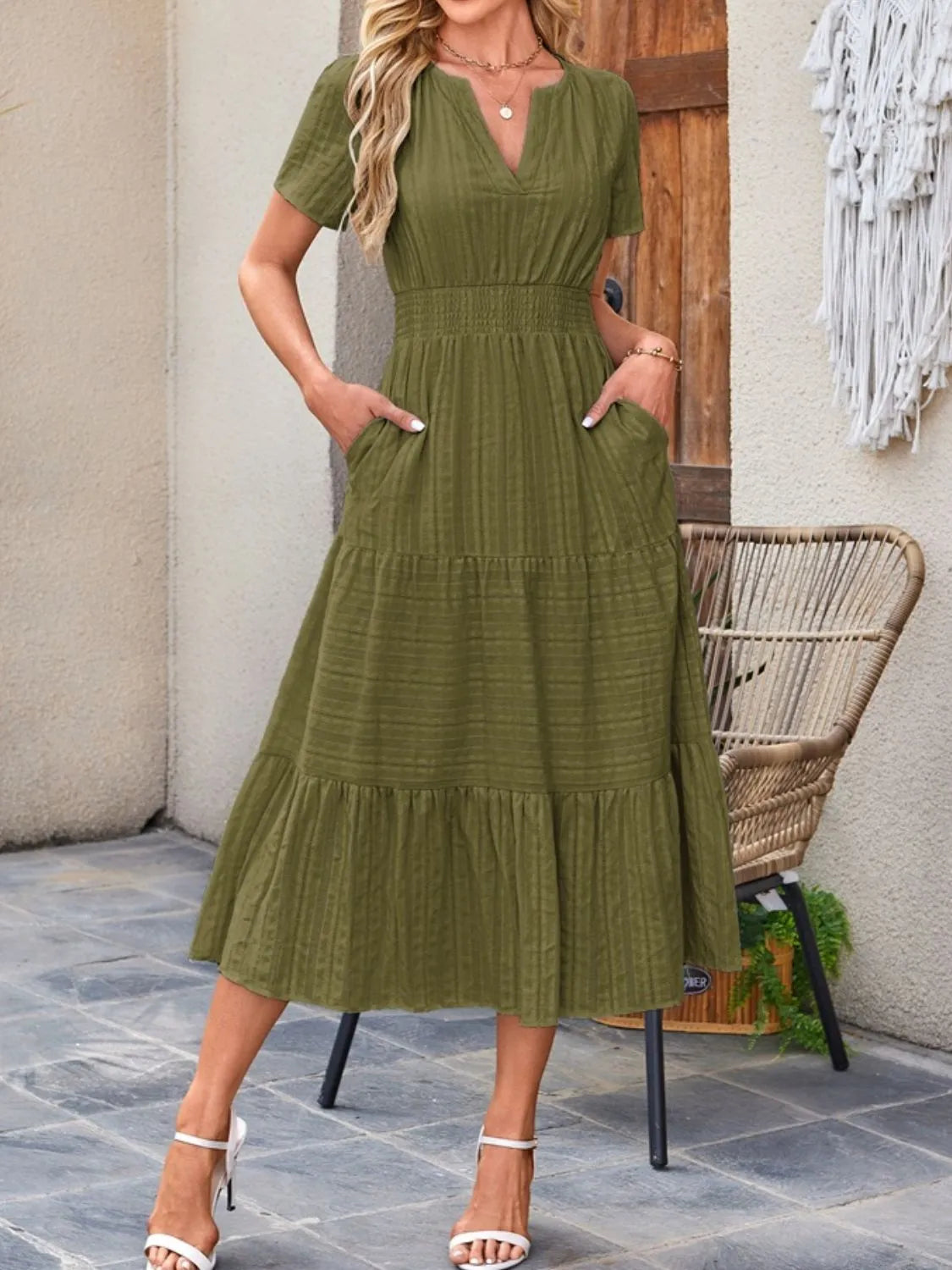 Tiered Notched Short Sleeve Dress by Shopiebay