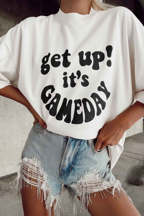 Beige GAME DAY Slogan Printed Half Sleeve Oversize T Shirt by Wild and Free Boutique