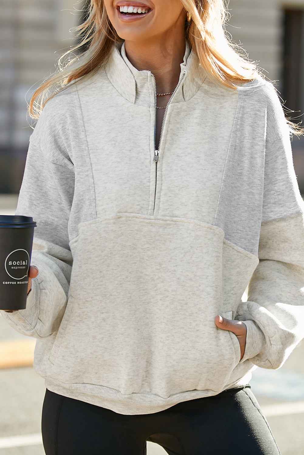 Black Half Zip Stand Collar Exposed Seam Solid Color Casual Sweatshirt
