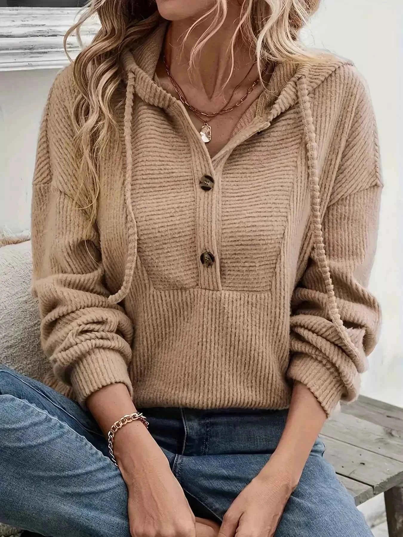 Button Front Drawstring Hoodie