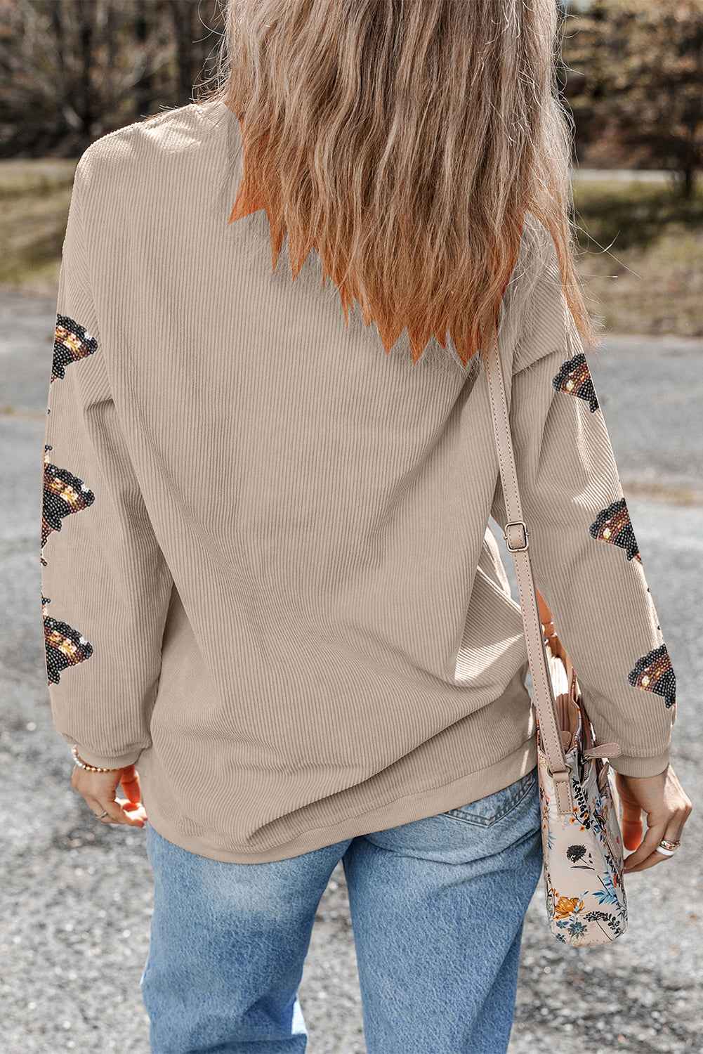 Smoke Gray gobble Turkey Sleeve Sequins Patch Corded Baggy Sweatshirt