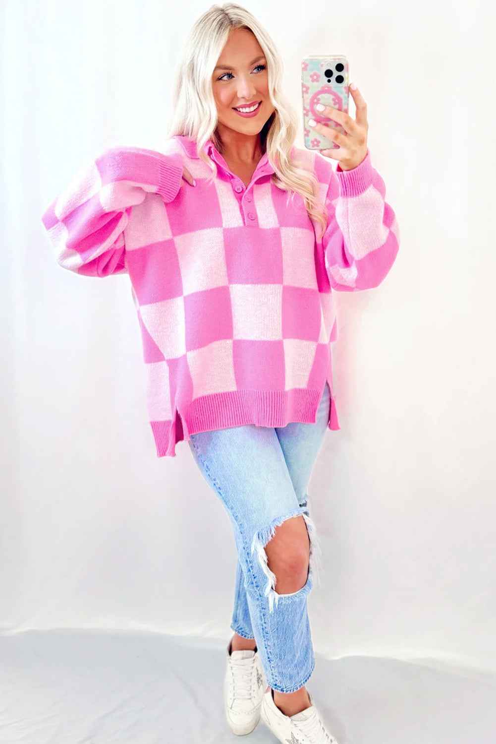 Pink Checkered Button Collared Sweater