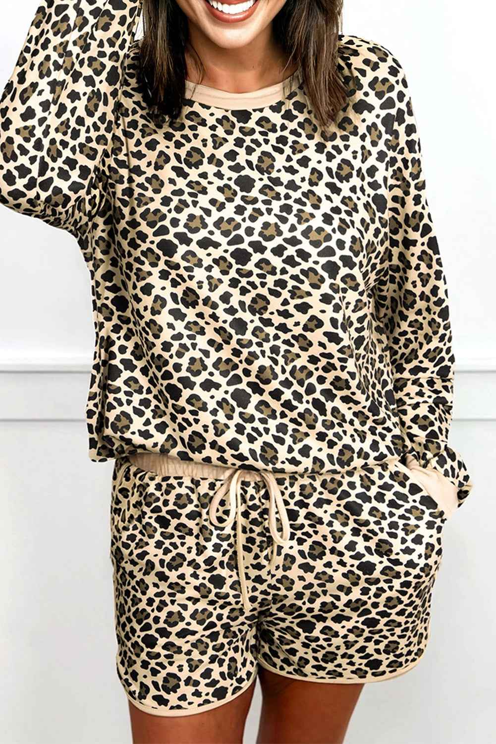 Brown Leopard Print Contrast Trim Long Sleeve Pullover Drawstring Shorts 2pcs Outfit