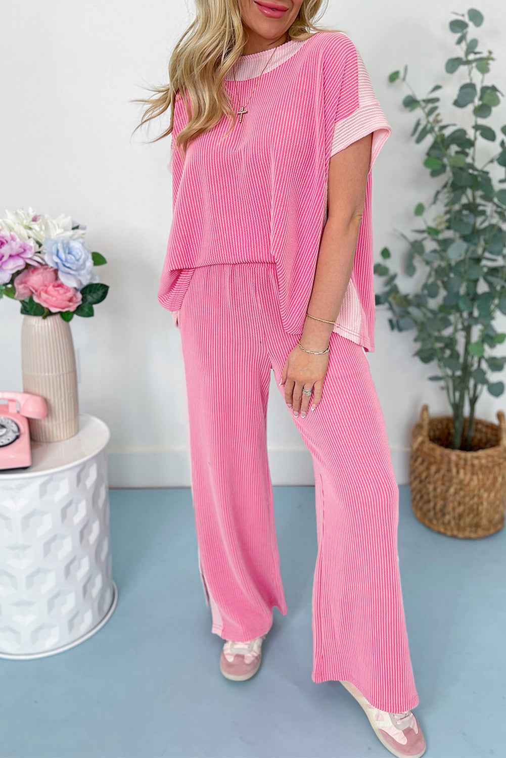 Sachet Pink 2-tone Colorblock Patchwork Corded 2pcs Outfit by Wild and Free Boutique