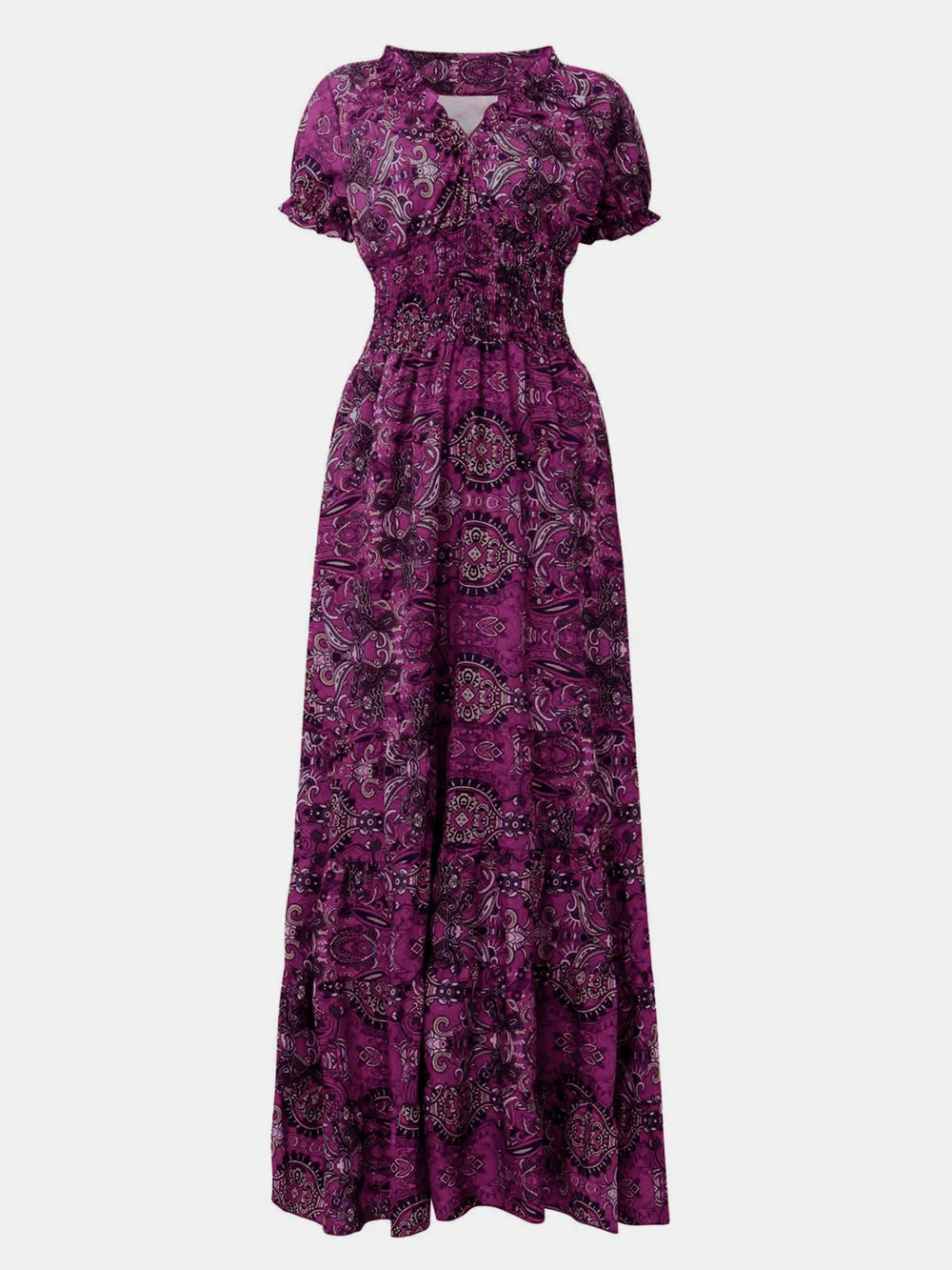 Smocked Printed V-Neck Short Sleeve Dress by Shopiebay
