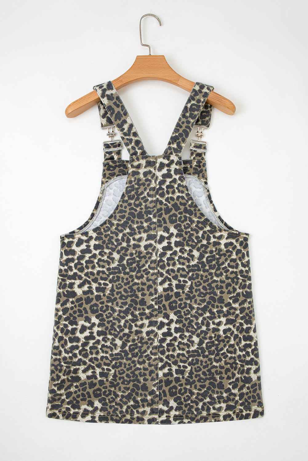 Gray Leopard Print Pocketed Loose Fit Denim Overall Dress