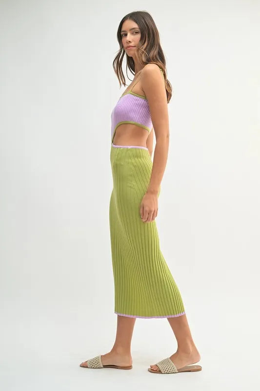 MABLE Ribbed Knit Color Block Cutout Midi Dress by Selvanelle
