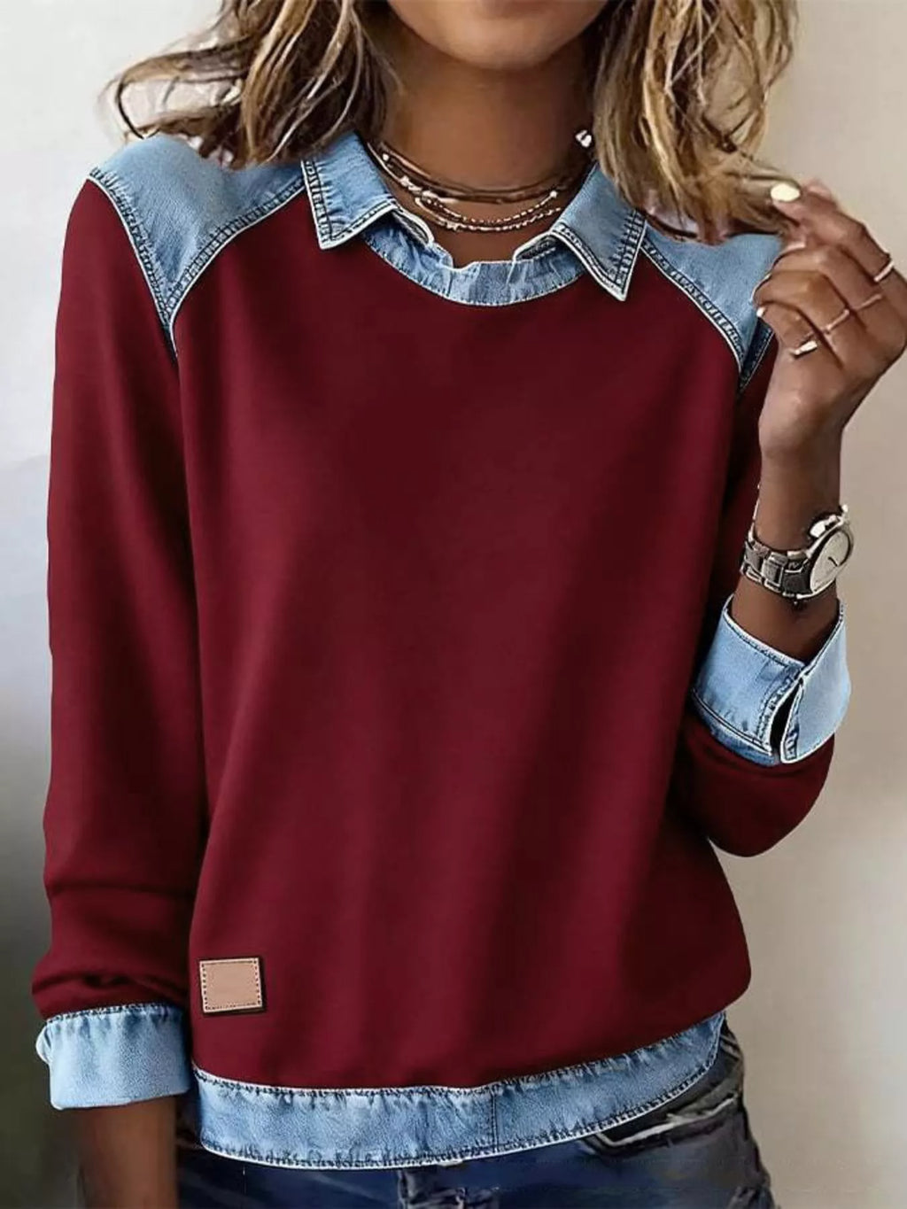 Full Size Denim Trim Long Sleeve Top Plus Size