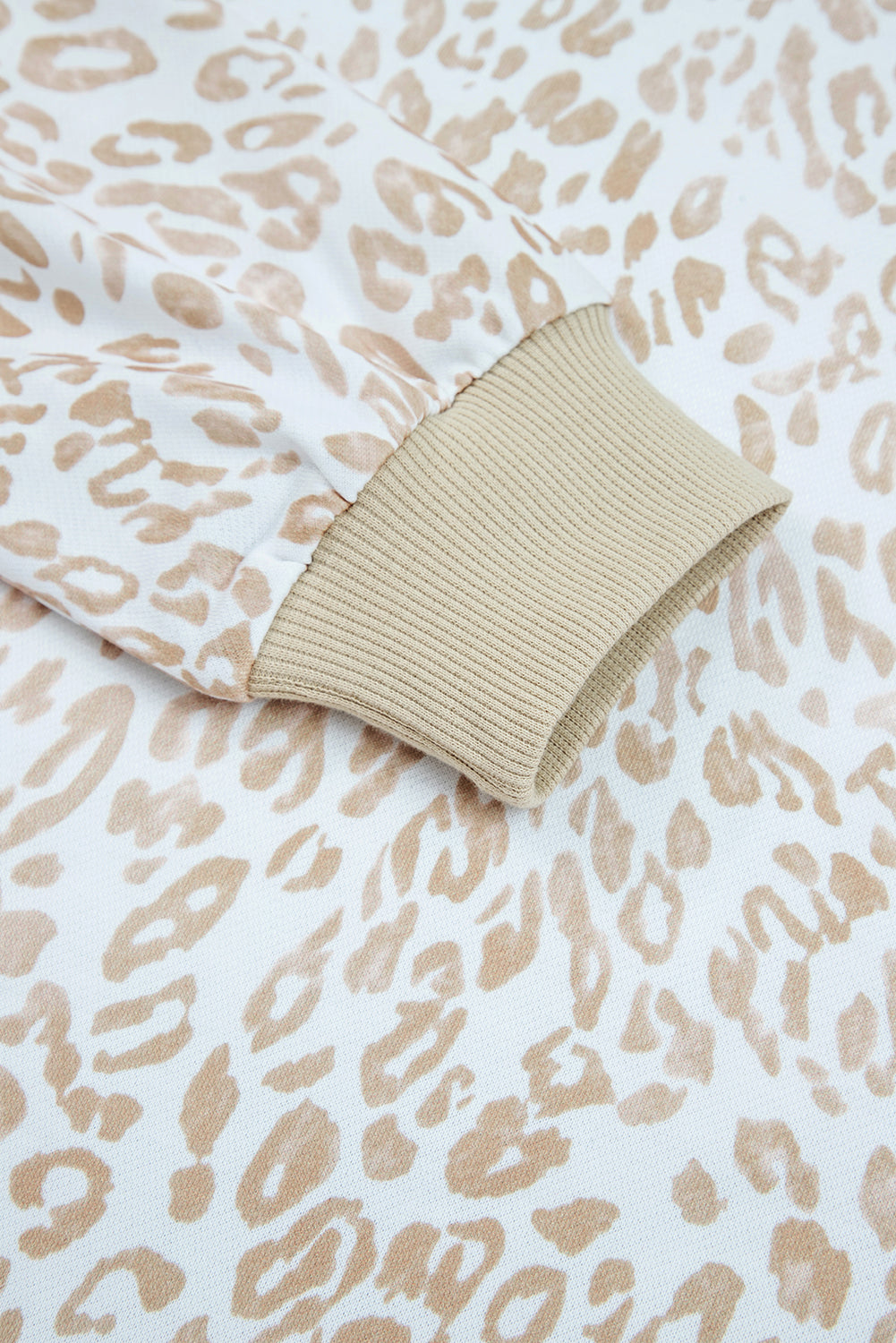 Khaki Ribbed Trim Ruffle Detail Leopard Round Neck Sweatshirt