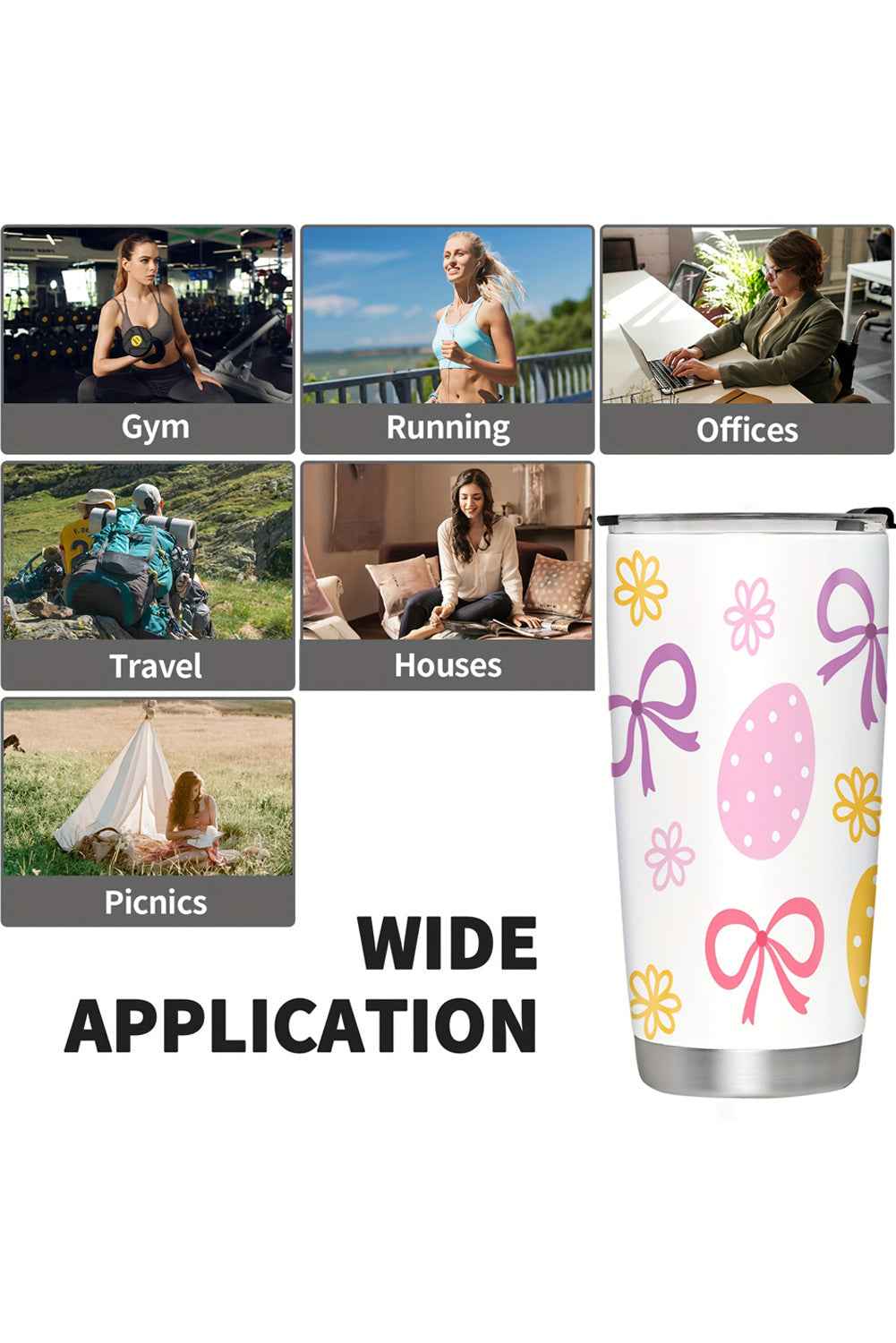 White Easter Egg Bow Flower Printed Insulated Stainless Steel Thermal Cup