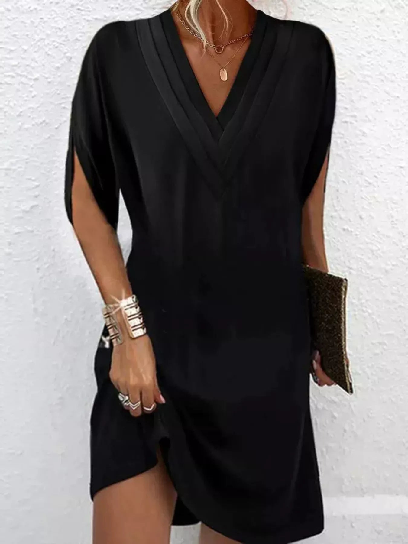 V-Neck Slit Sleeve Mini Dress by Shopiebay