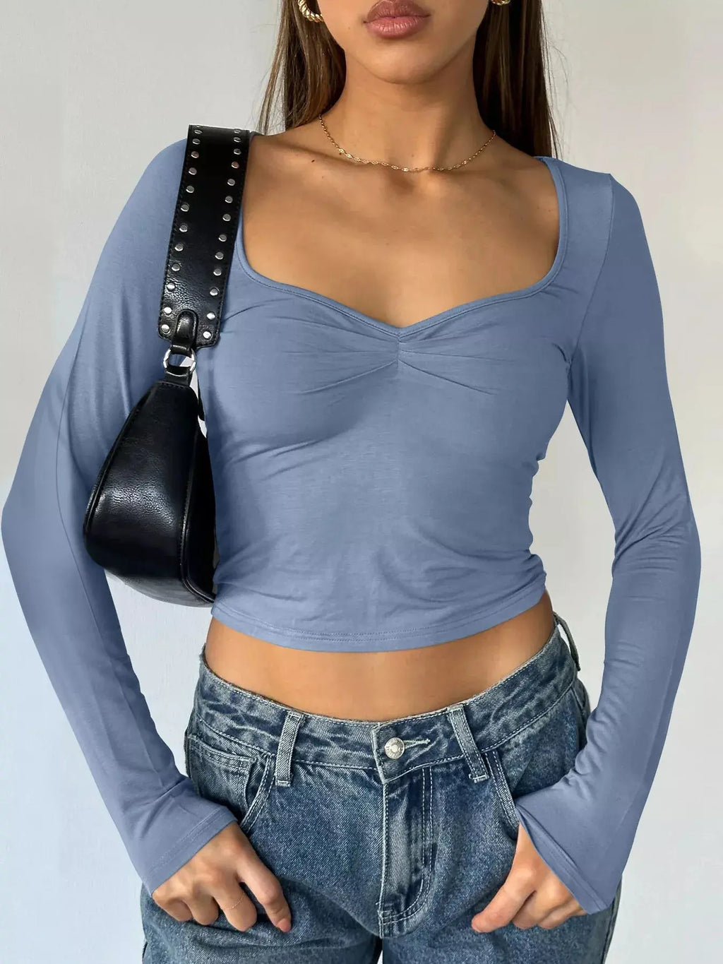 Sweetheart Neck Long Sleeve Crop T Shirt