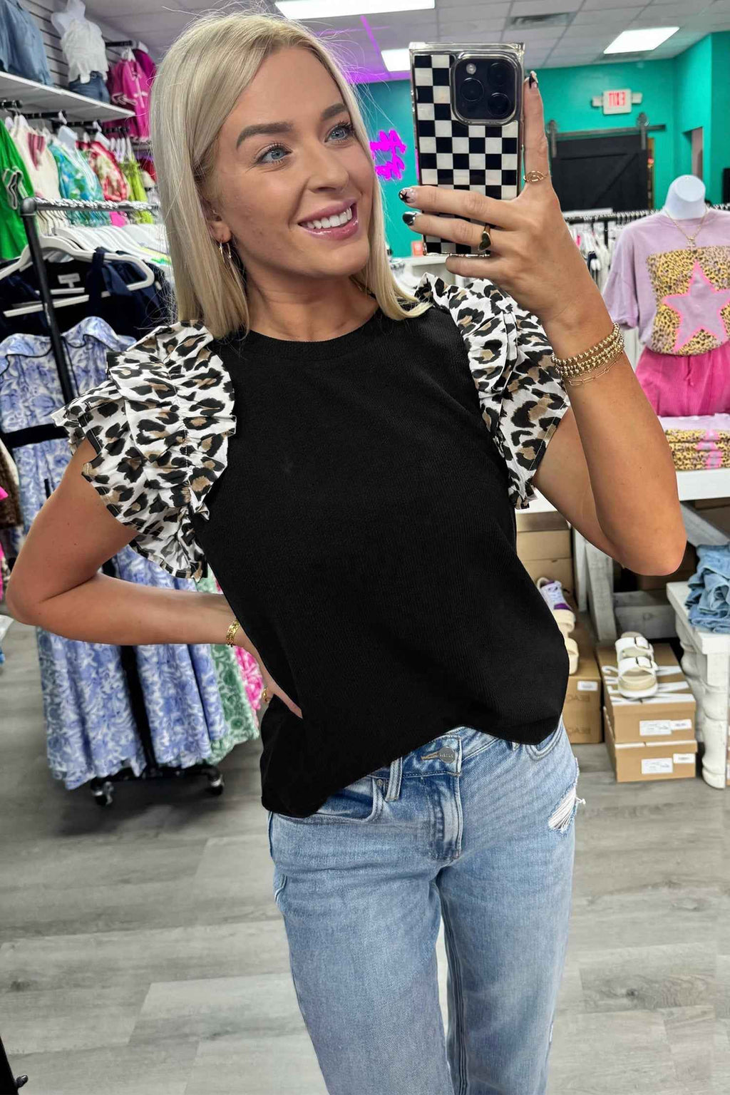 Black Contrast Leopard Ruffled Short Sleeve Ribbed Knit Top