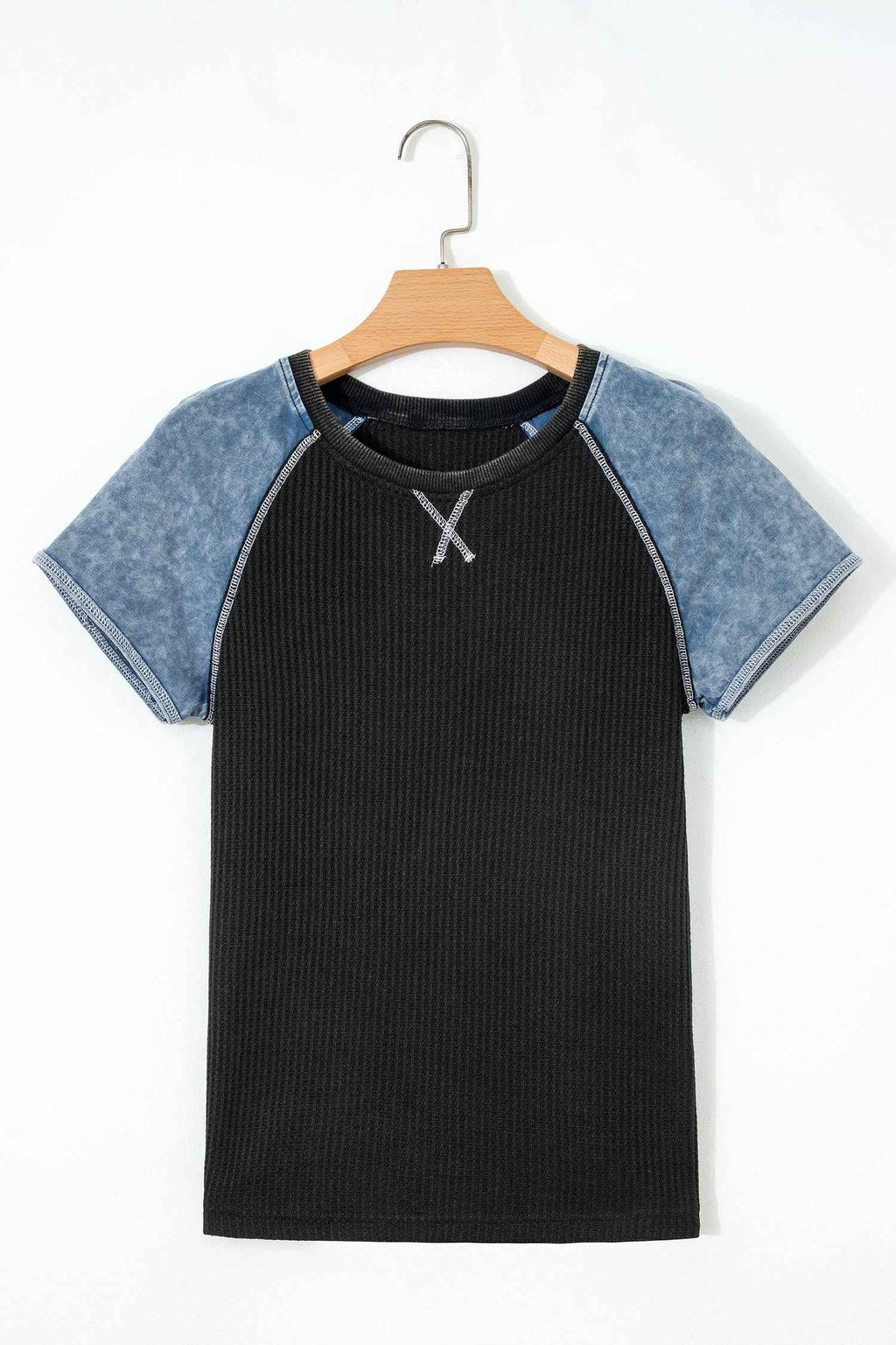 Carbon Grey Waffle Knit Seam Detail Color Block Patchwork Short Sleeve Top