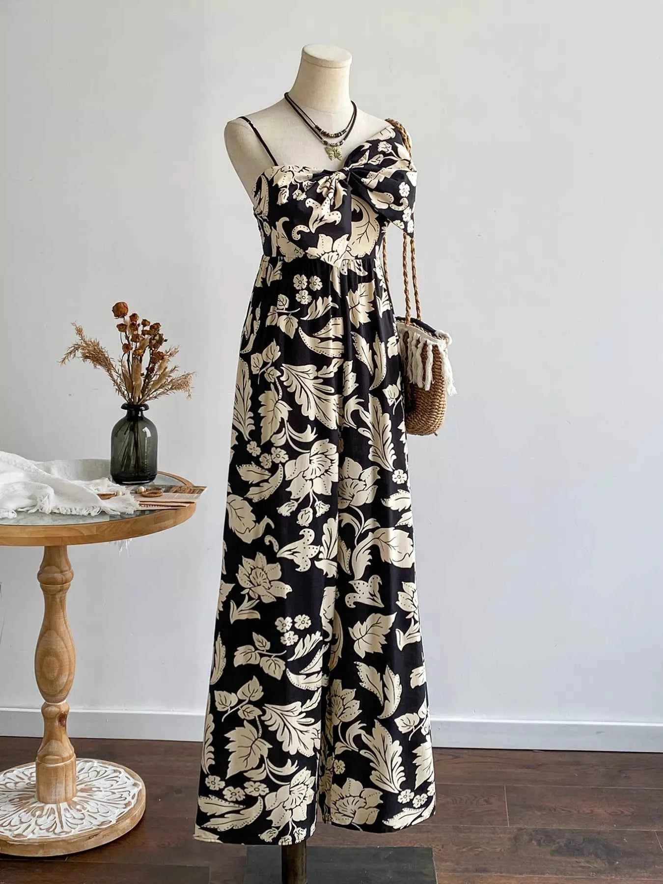 Floral Print Bowknot Wide Leg Jumpsuit