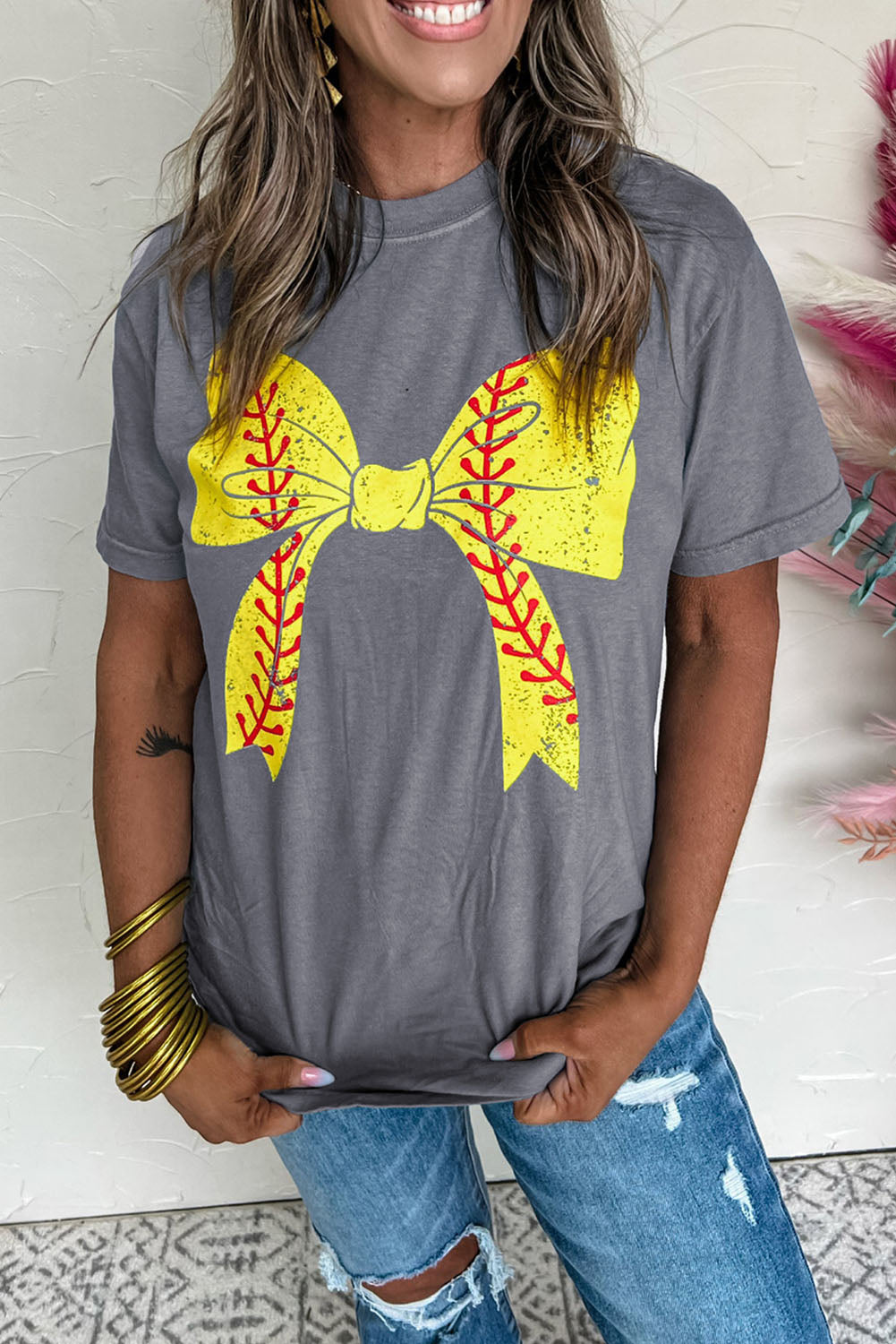 Black Baseball Bowknot Graphic Casual Tee