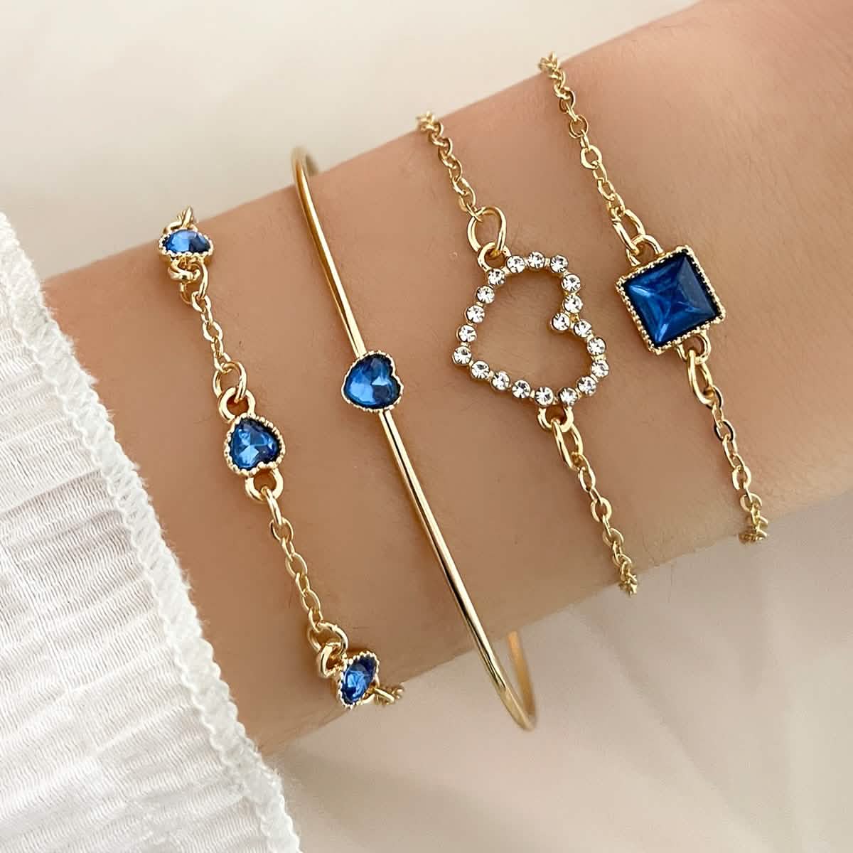 4pcs Rhinestone Alloy Bracelet Set – Minimalist Heart & Square Design by DailySale