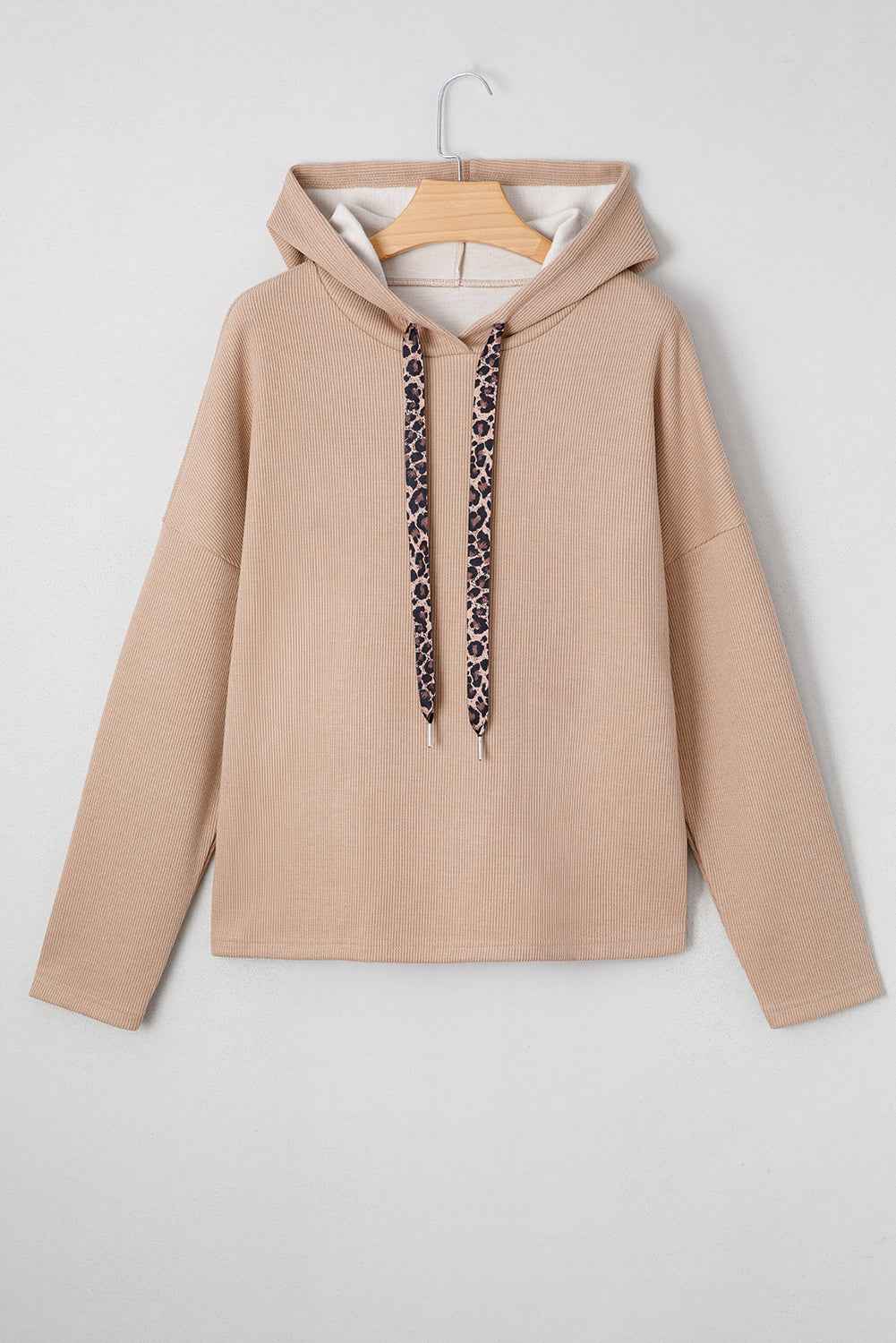 Dark Khaki Thermal Textured Leopard Drawstring Baggy Hoodie