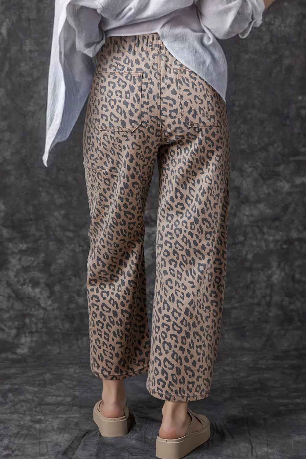 Khaki Leopard Printed Drawstring Elastic Waistband Pocketed Barrel Jeans