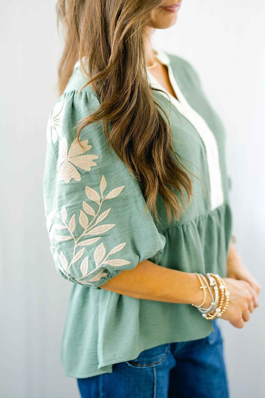 Smoke Green Color Block Patchwork V Neck Embroidered Puff Sleeve Babydoll Blouse