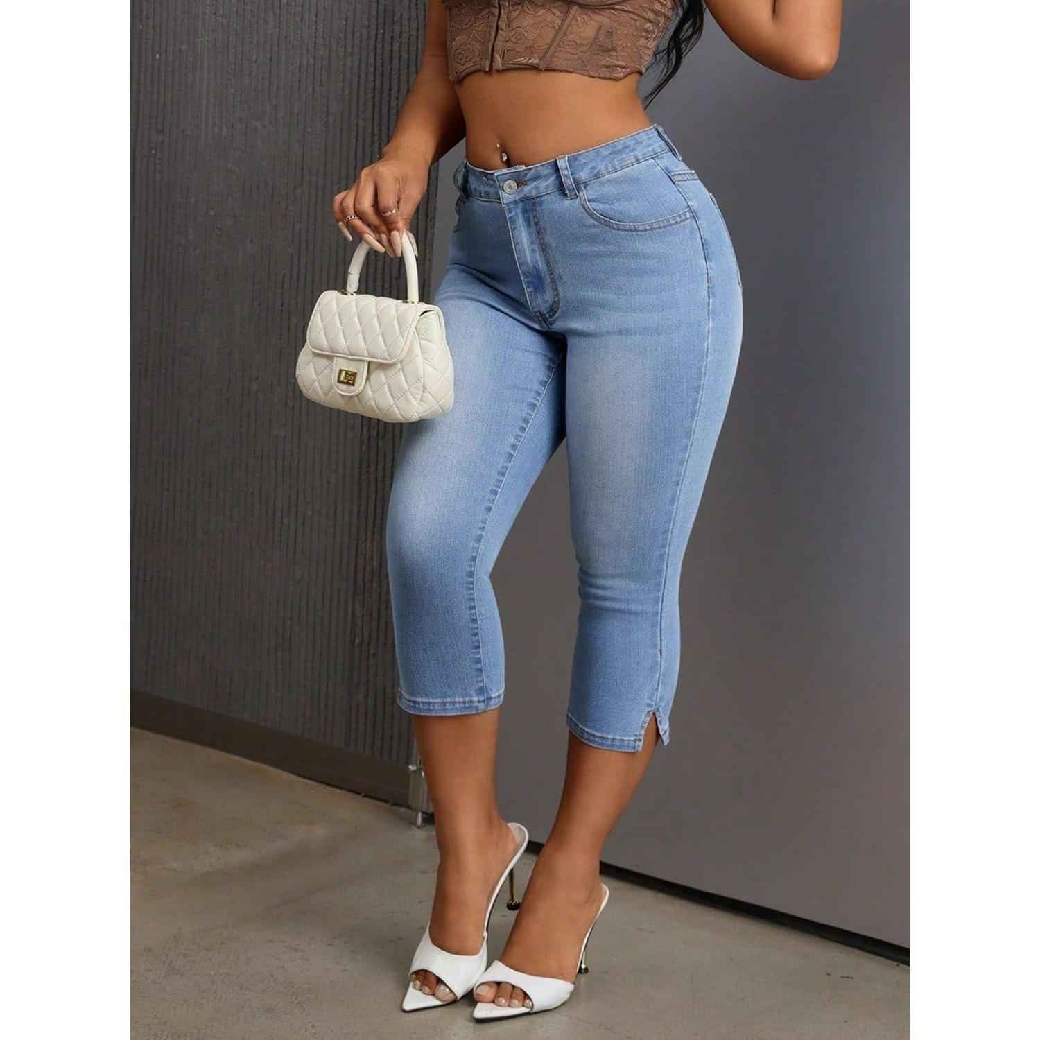 Side Slit Skinny Jeans with Pockets Polyester Womenswear