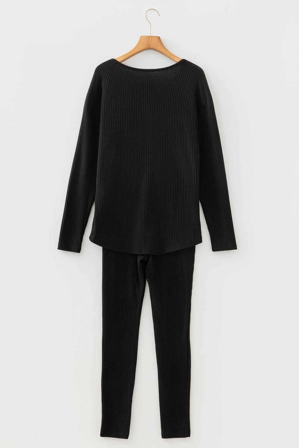 Black Ribbed Notched Neck Knit Long Sleeve Leggings Two Pieces Lounge Set