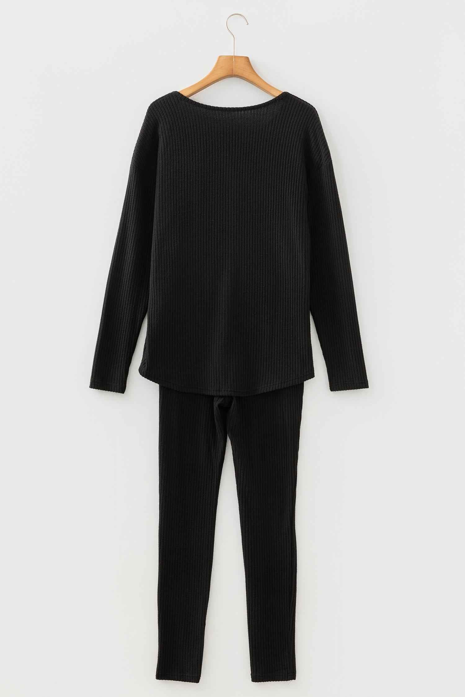 Black Ribbed Notched Neck Knit Long Sleeve Leggings Two Pieces Lounge Set