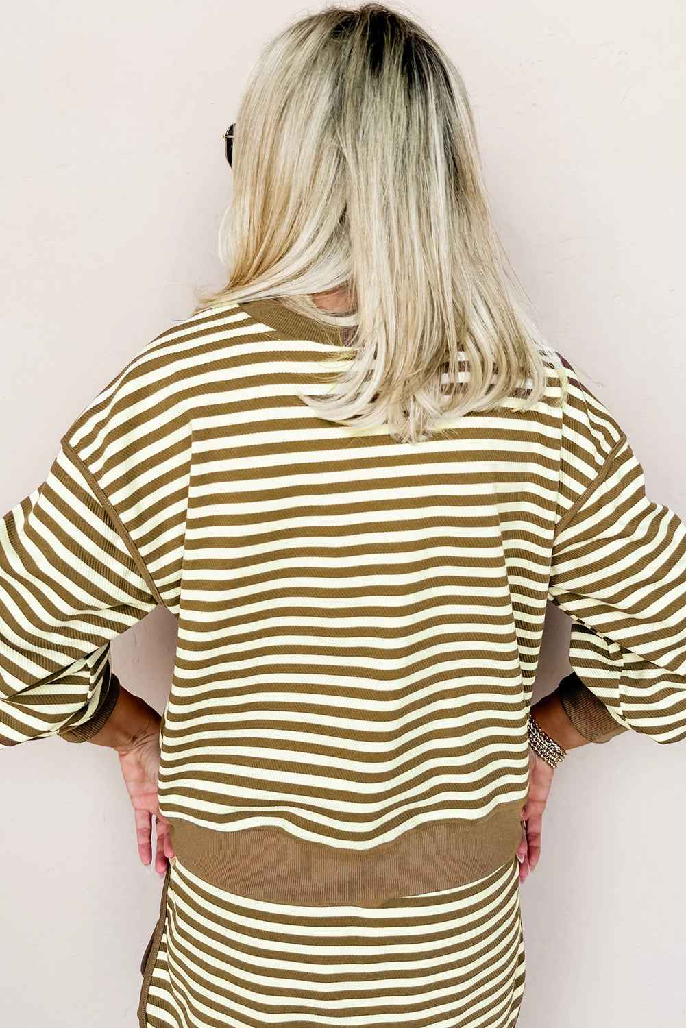 Black Stripe Textured Drop Shoulder Pullover Top Drawstring Mini Skirt Two Piece Dress Set