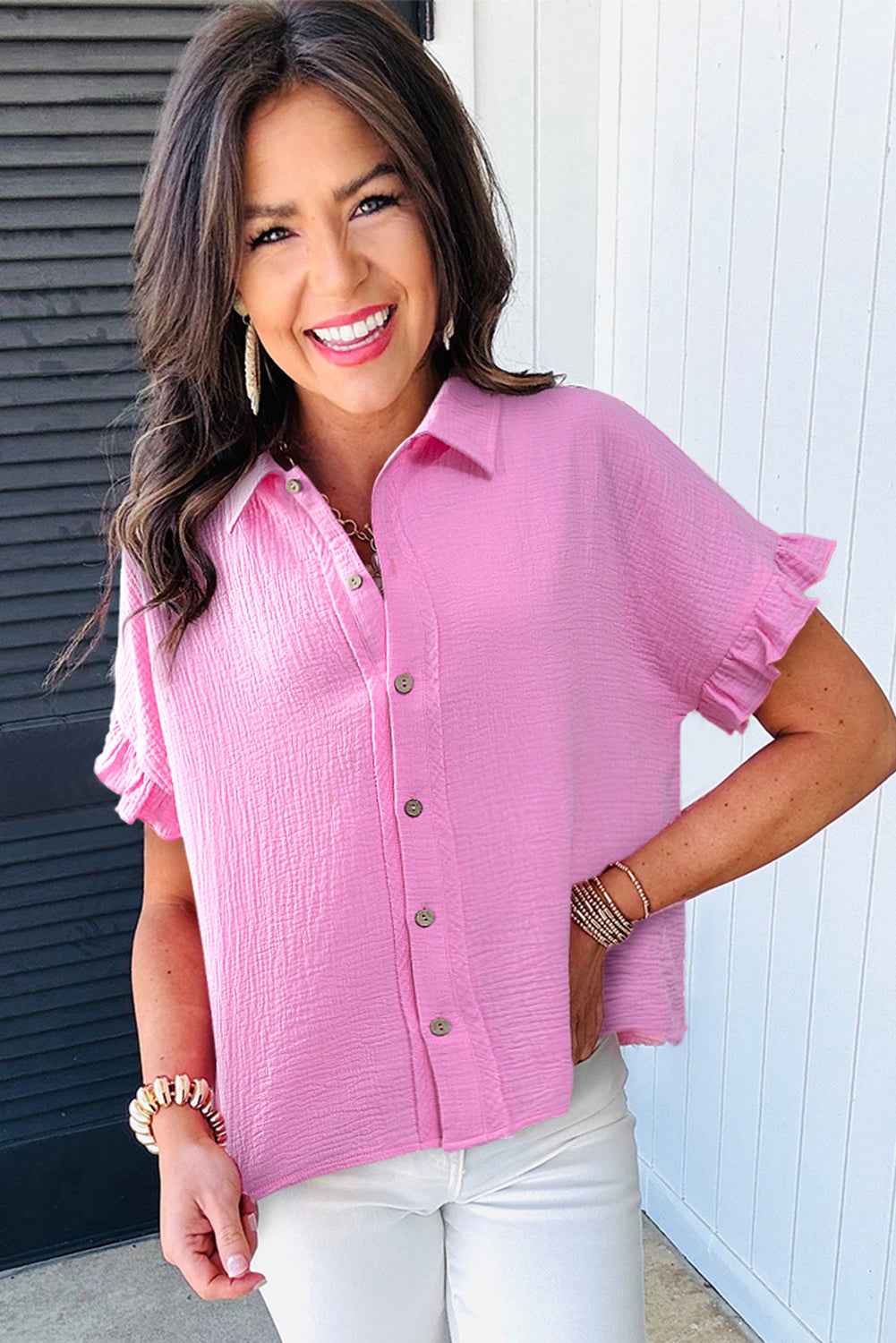 Bonbon Mineral Wash Textured Ruffle Trim Short Sleeve Shirt