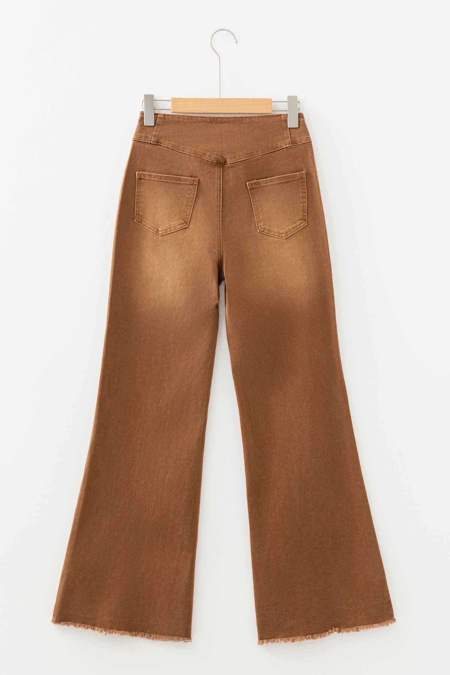Coffee High Waist Button Fly Seamed Raw Hem Flare Jeans