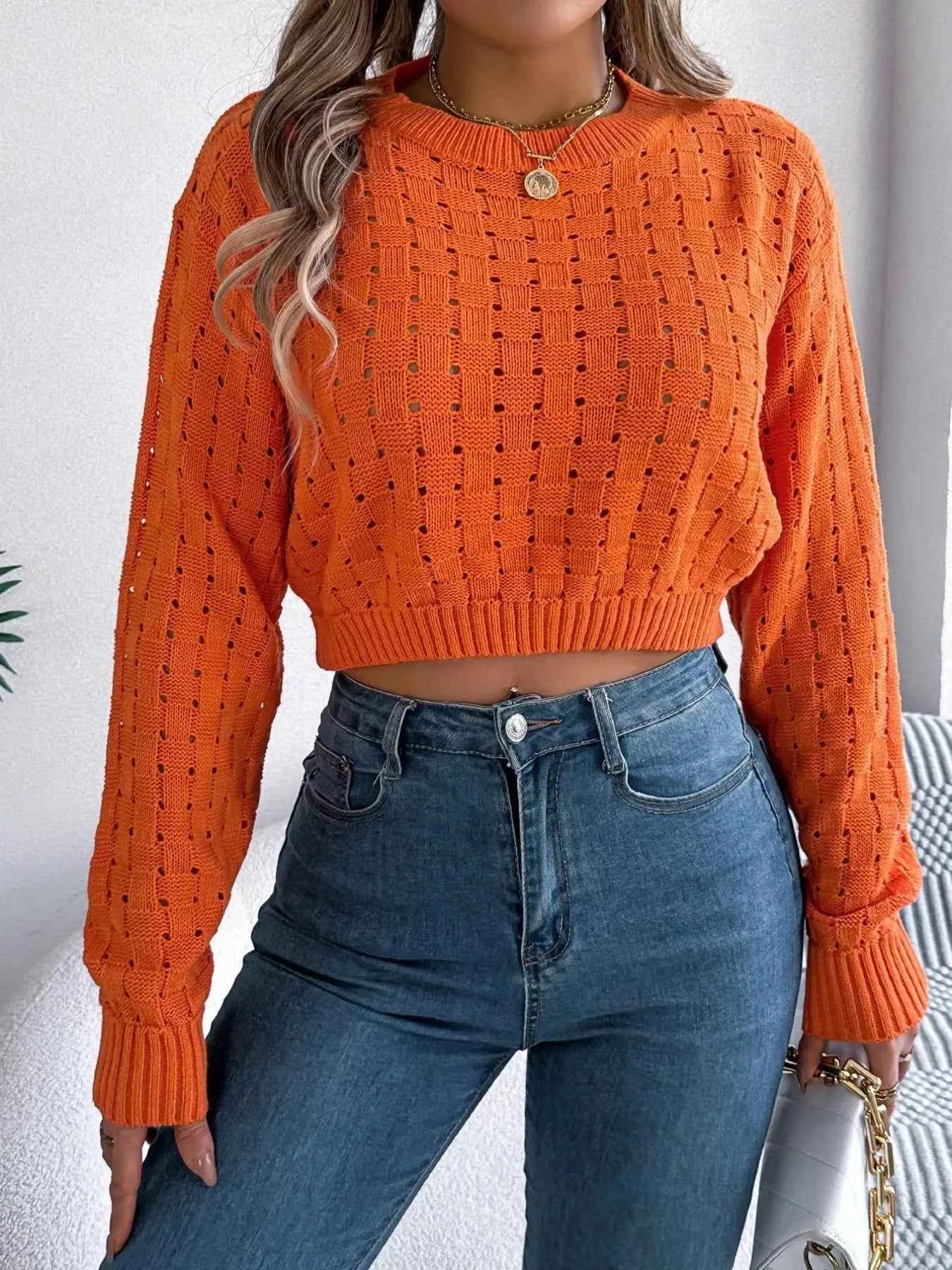 Round Neck Cutout Back Long Sleeve Openwork Sweater