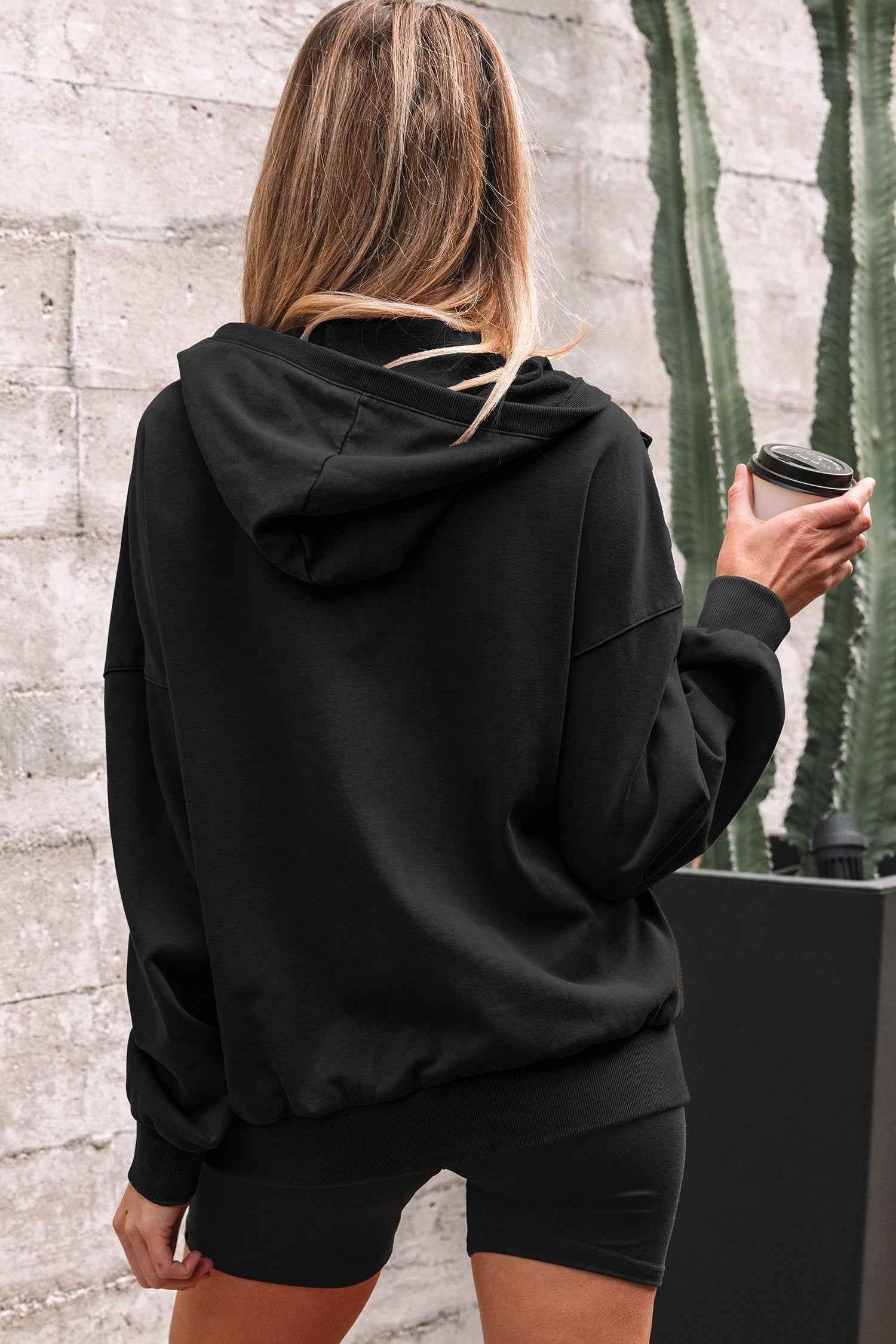 Black Half Zip Kangaroo Pocket Mineral Wash Baggy Hoodie