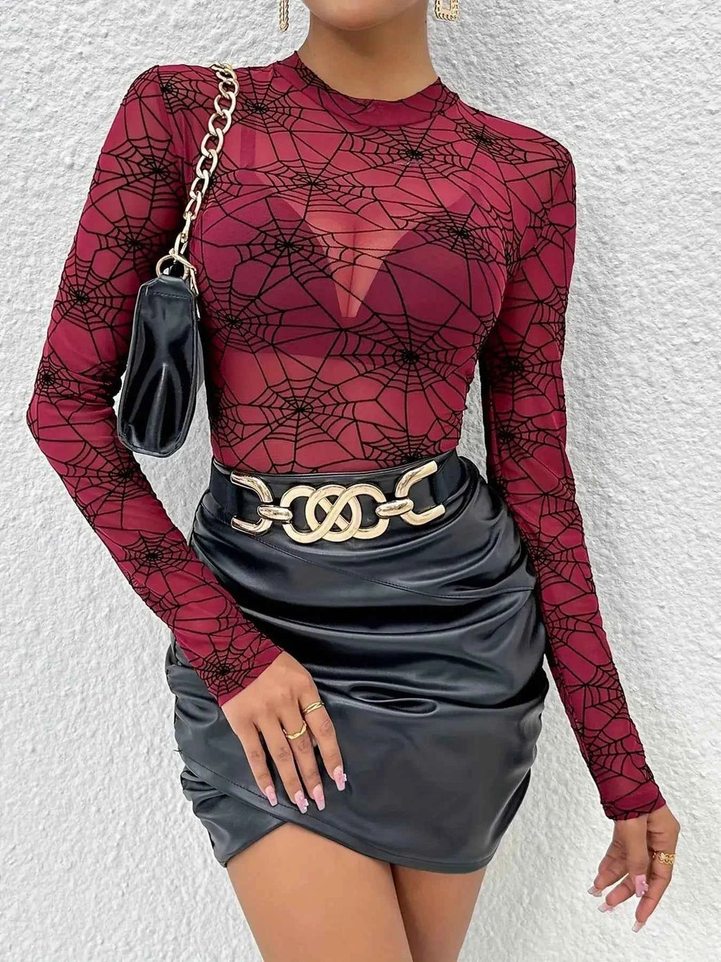 Spider Web Print Mesh Long Sleeve Blouse