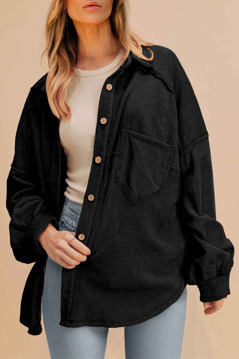 Black Waffle Knit Patchwork Exposed Seam Loose Shacket