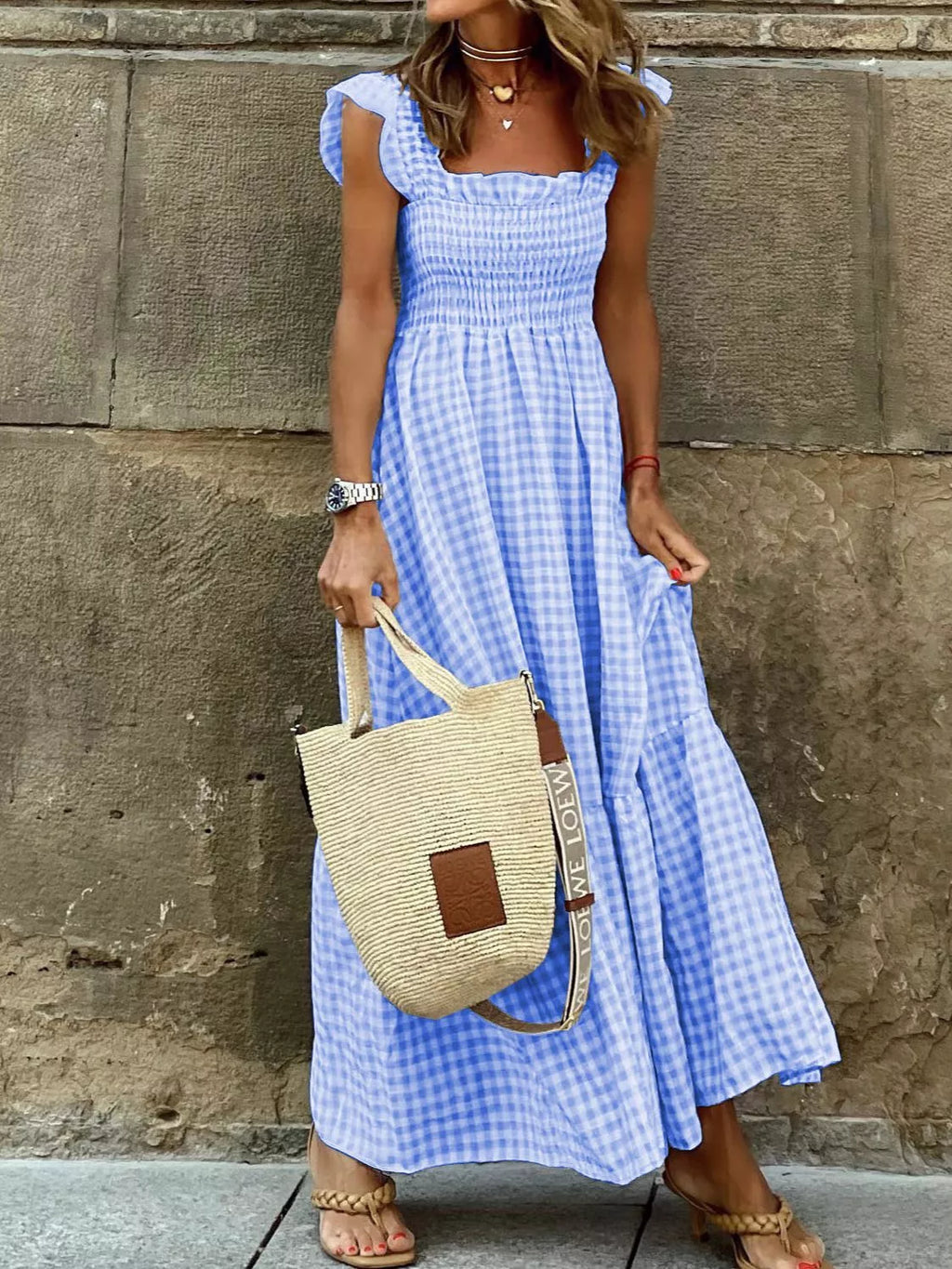 Gingham Smocked Ruffle Maxi Dress by Shopiebay