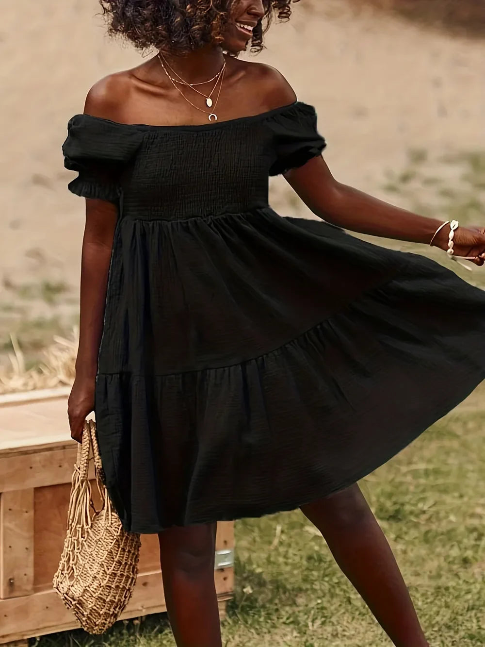 Ruffled Off-Shoulder Short Sleeve Dress by Shopiebay
