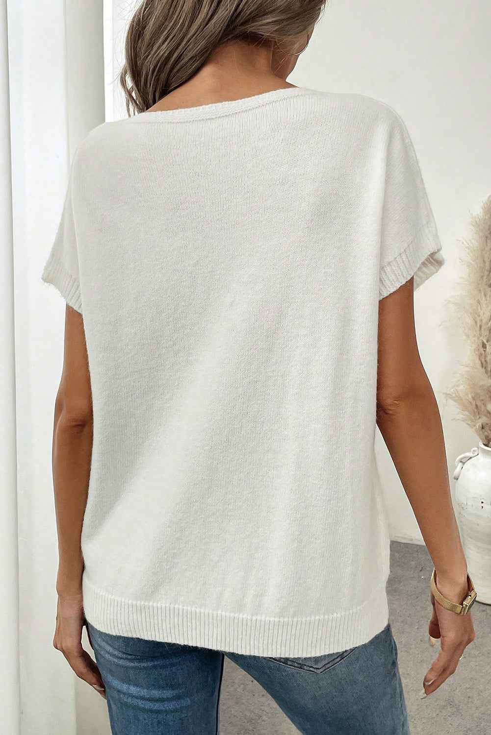Black Bow Pattern Knit Short Sleeve Sweater