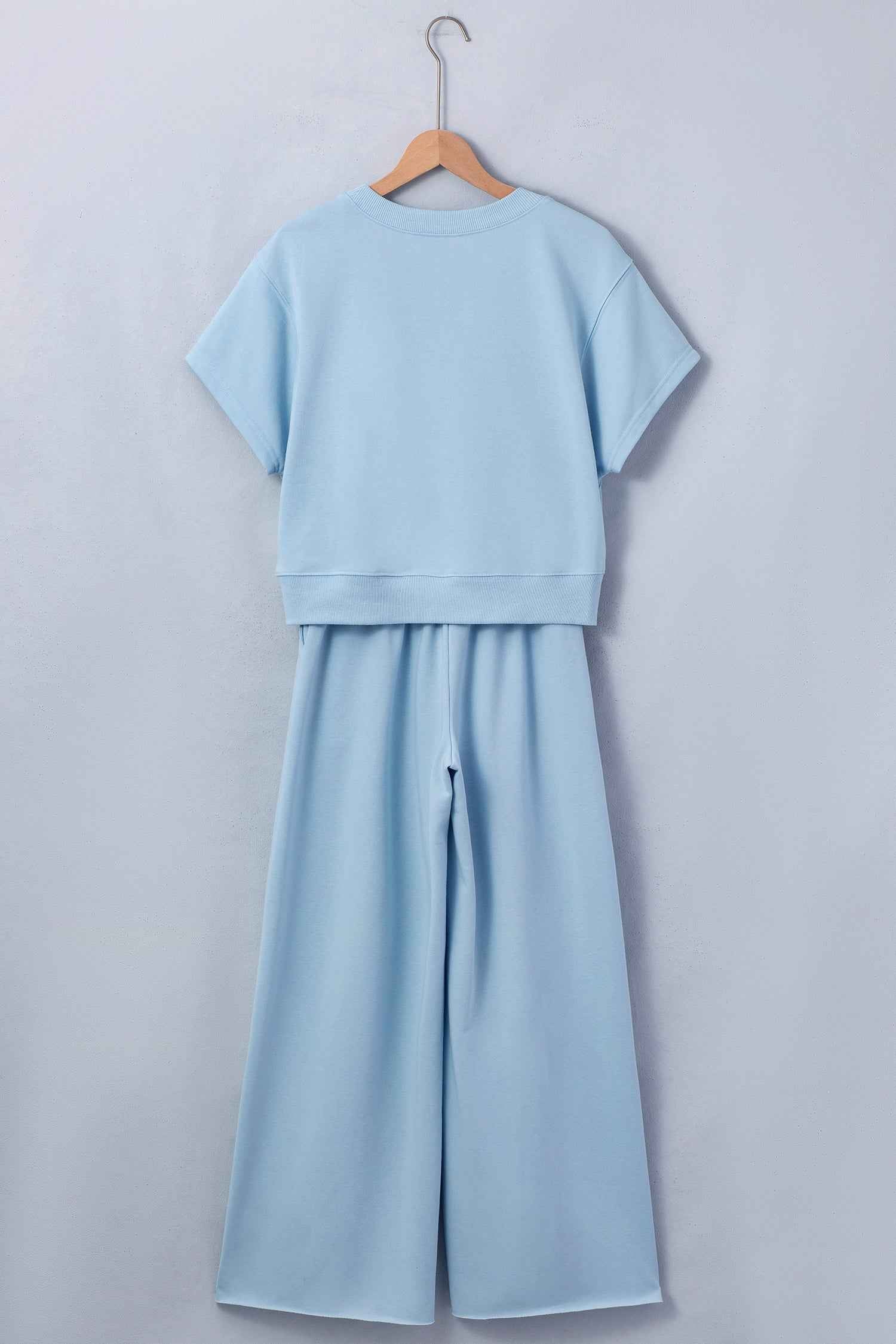 Mist Blue Solid Color Loose Tee Drawstring Wide Leg Pants 2pcs Outfit