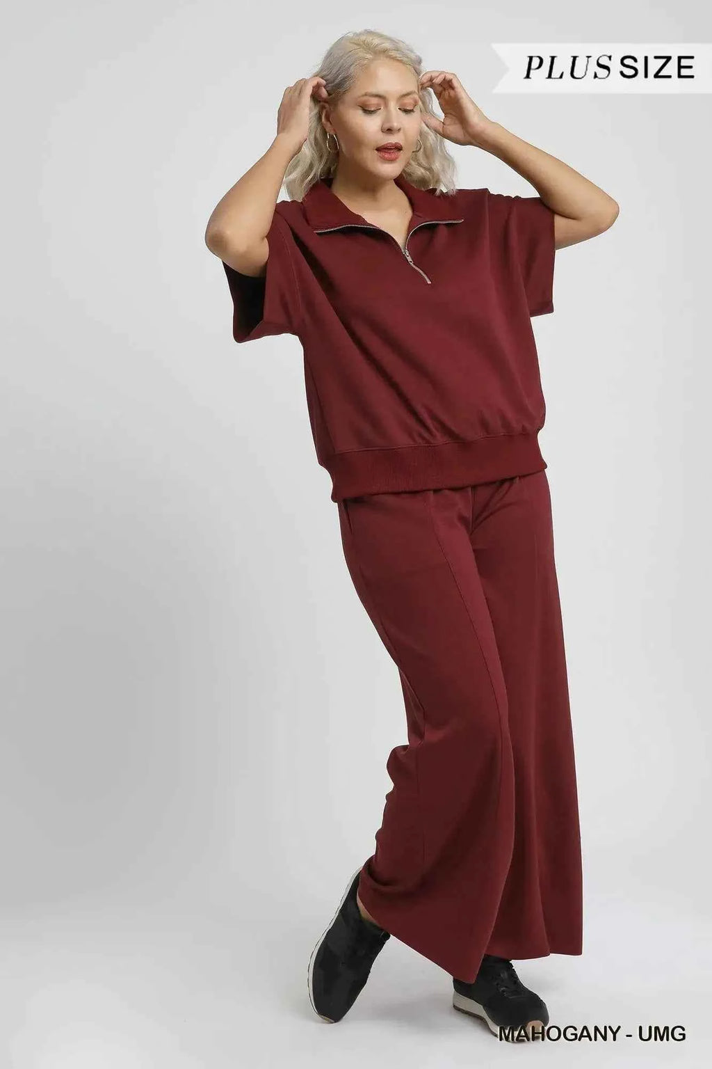 Umgee Plus Size Half-Zip Short Sleeve Top