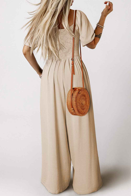 Apricot Short Bubble Sleeve Smocked Wide Leg Jumpsuit by Wild and Free Boutique