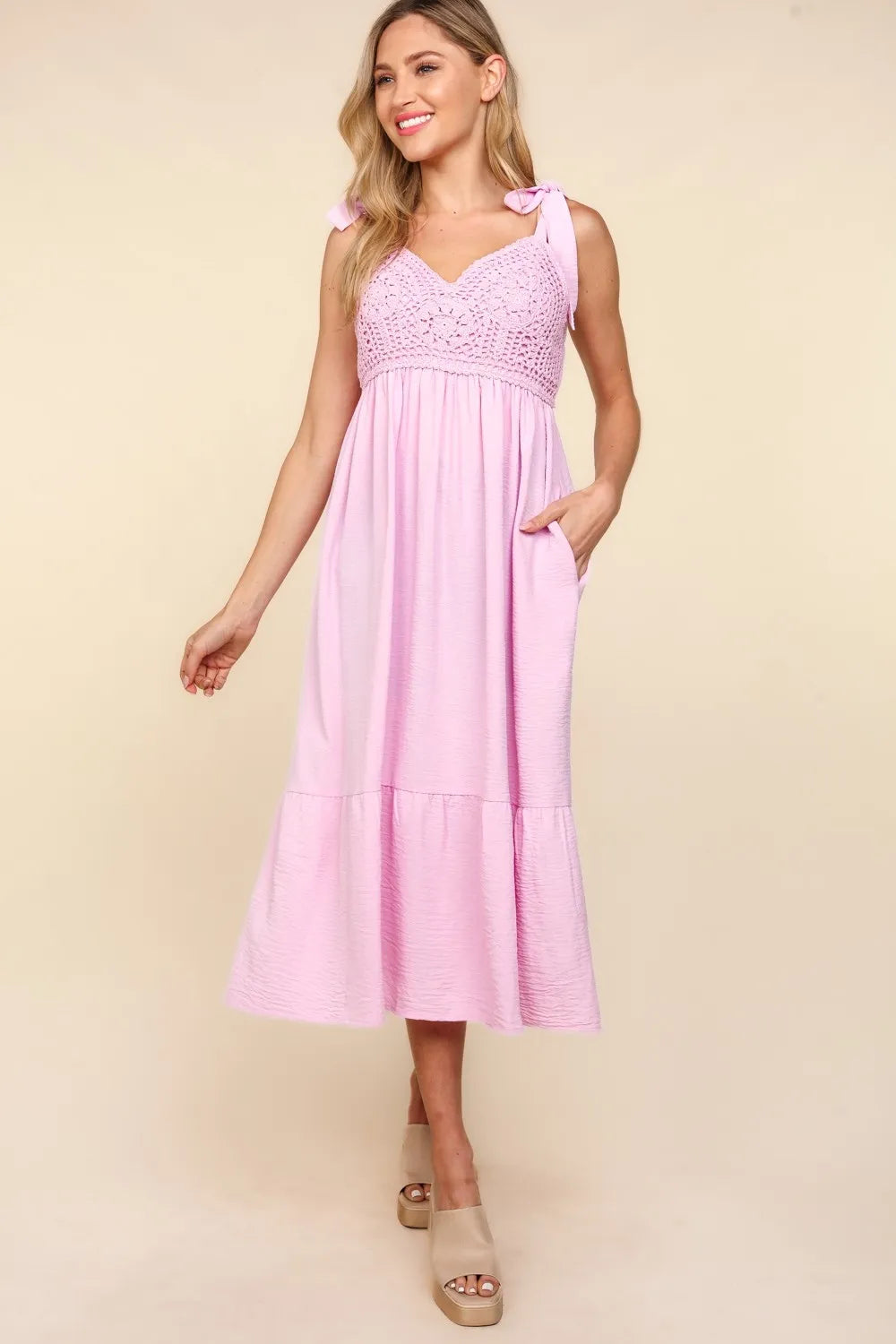 Haptics Crochet Lace Ruffle Hem Cami Midi Dress by Selvanelle
