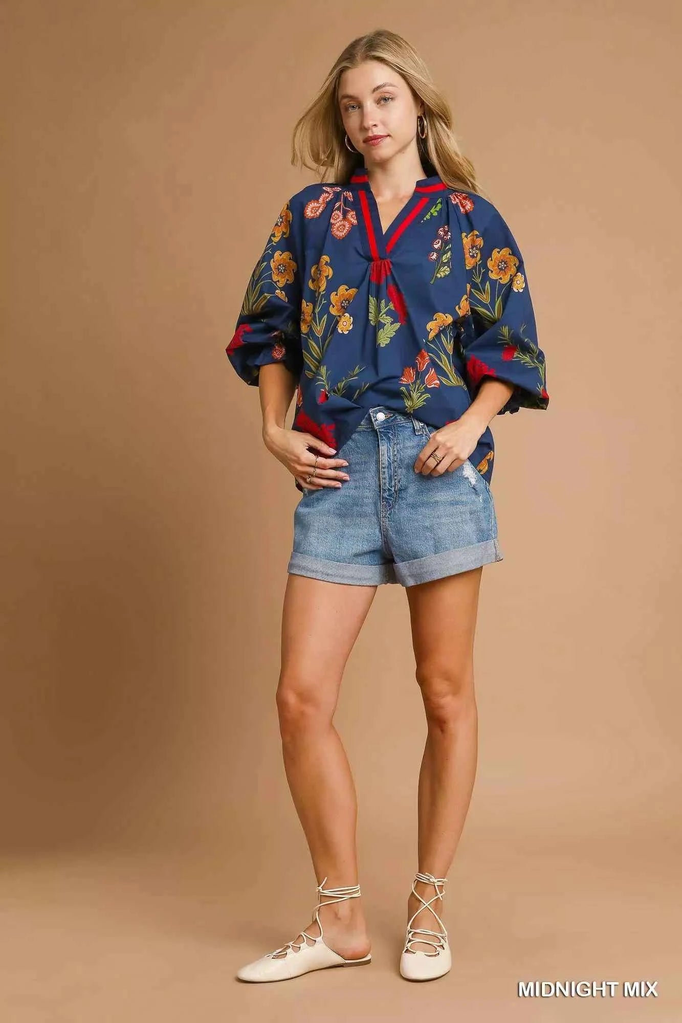 Umgee Floral Print Flounce Sleeve Blouse