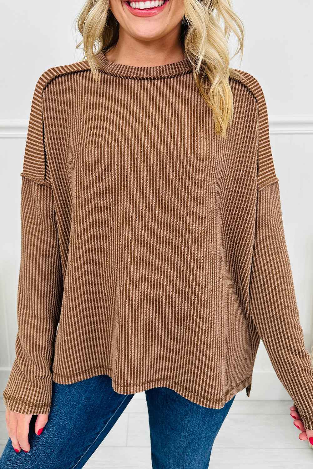 Dark Khaki Twist Ribbed Exposed Seam Detail Long Sleeve Loose Top