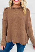 Dark Khaki Twist Ribbed Exposed Seam Detail Long Sleeve Loose Top