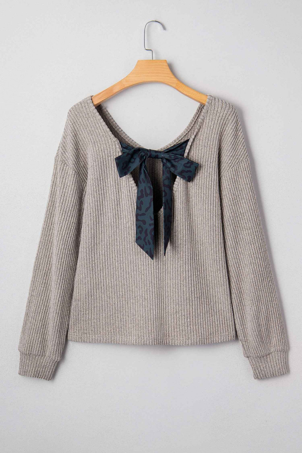 Simply Taupe Ribbed V Neck Contrast Ribbon Bow Back Drop Shoulder Long Sleeve Top