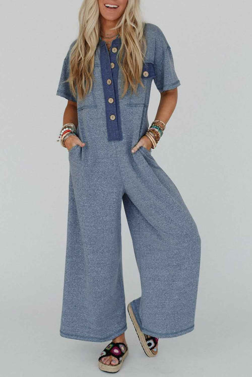 Beau Blue Patchwork Pocket Short Sleeve Jumpsuit by Wild and Free Boutique