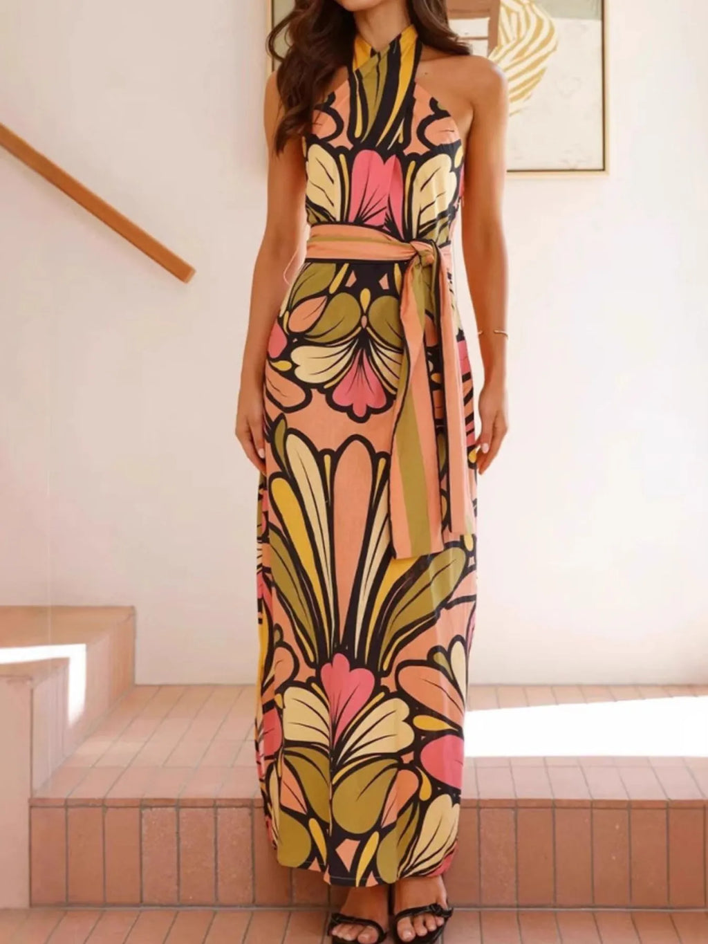 Printed Halter Neck Maxi Cami Dress by Shopiebay