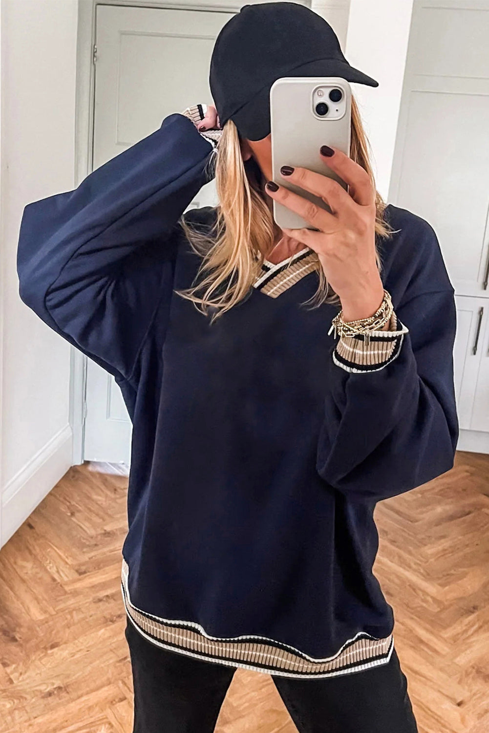 Gray Varsity Contrast Trim V Neck Sweatshirt