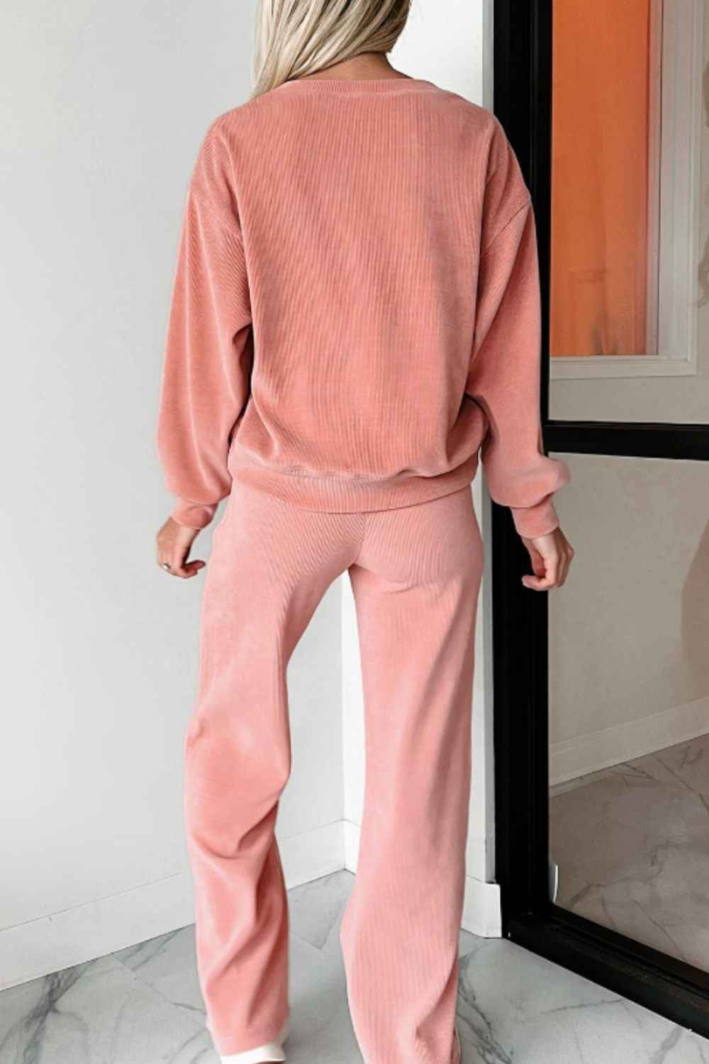 Round Neck Long Sleeve Top and Pants Set